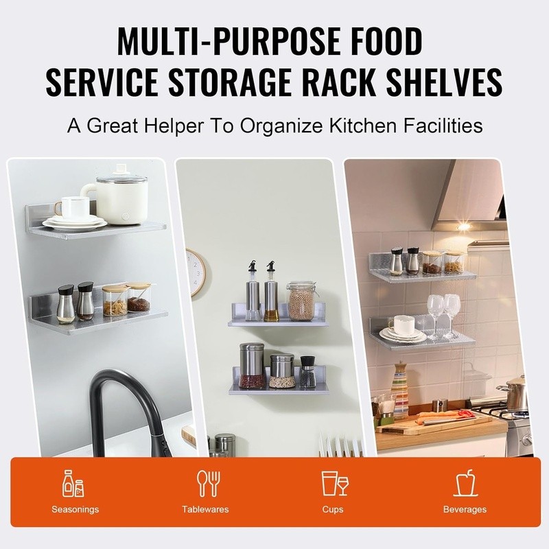 Wall Mounted Stainless Steel Floating Shelf 2 Pack Space Saving 44 LBS Capacity