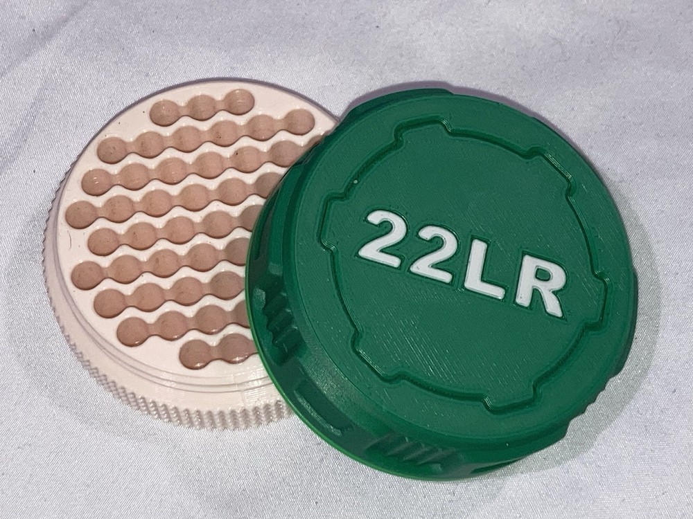 22LR Ammo Box Holds 55 Rounds, Screw On Lid, Stacking Safe Ammunition Container