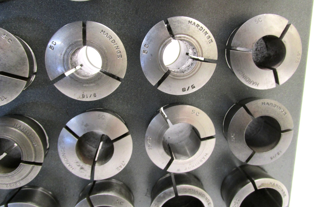 30 HARDINGE ASSORTED 5C ROUND COLLETS w/ RACK