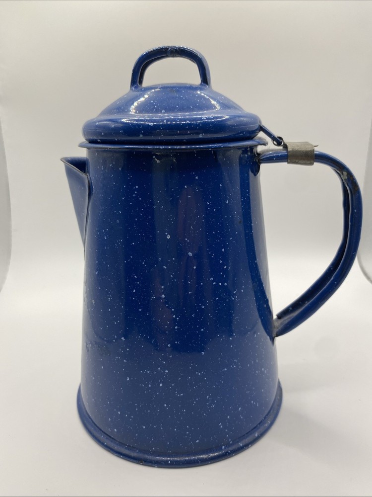 Speckled Enamelware Coffee Pot 7" Blue & White cook camping VNTG