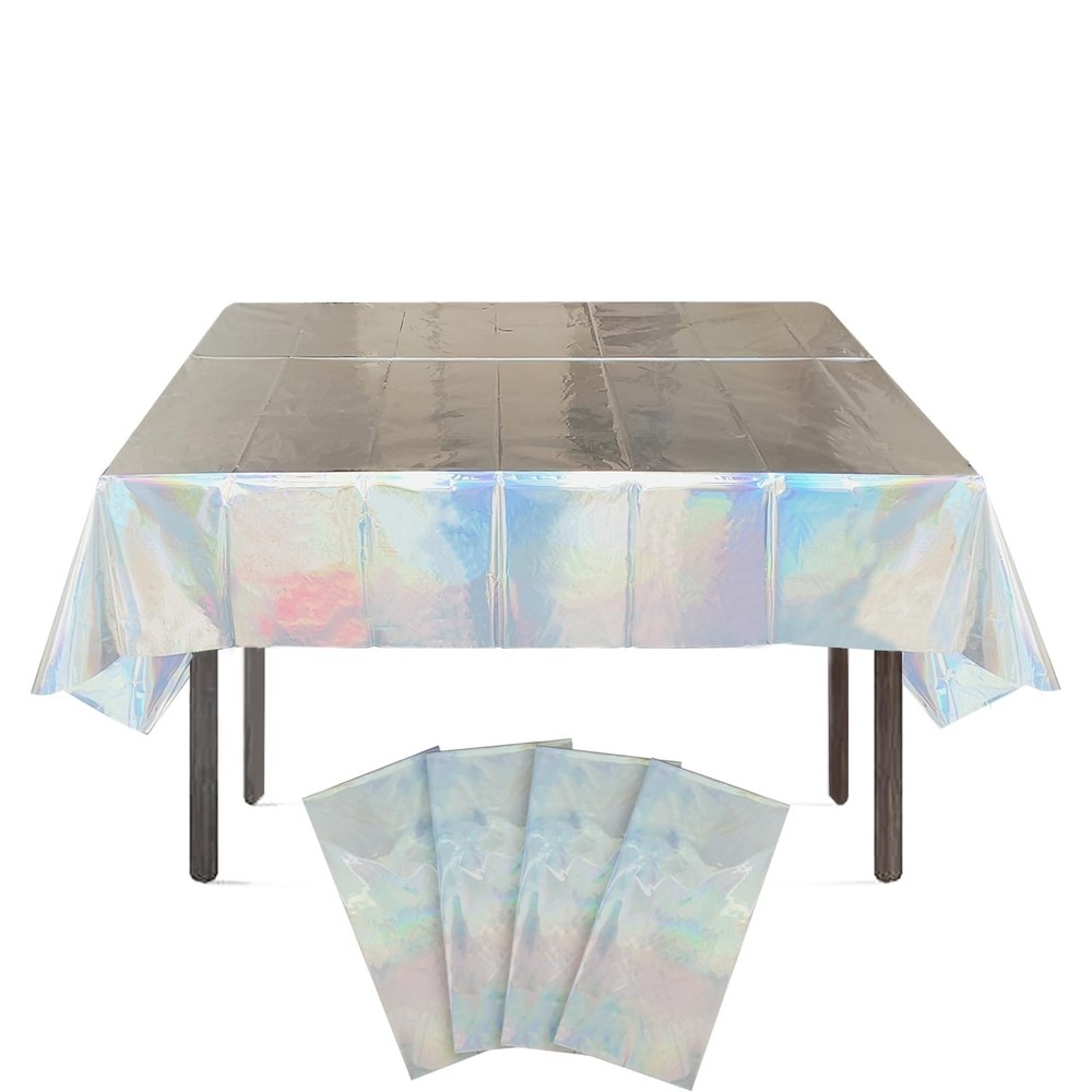 LabZhang 4 Pack Iridescent Plastic Tablecloth, Rectangular Disposable Tablecl...