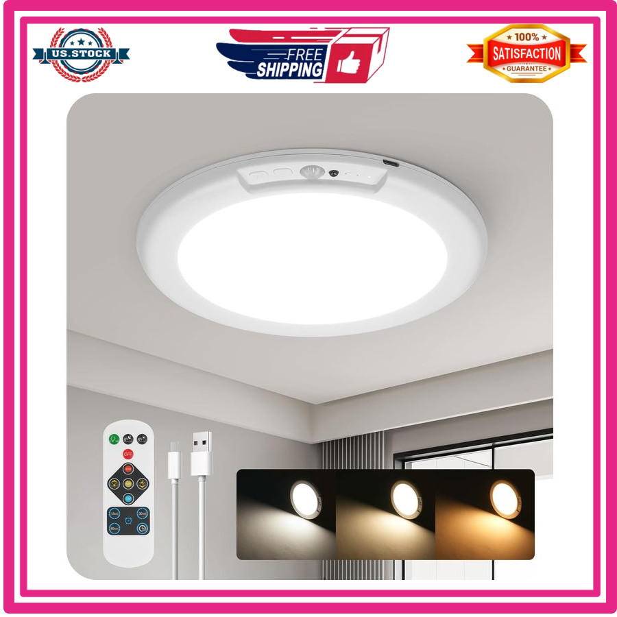 Rechargeable Motion Sensor Ceiling Light Wireless Dimmable Remote 3 Color