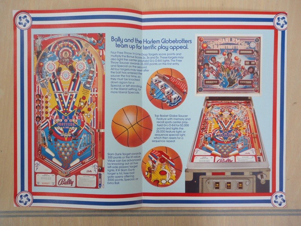 Harlem Globetrotters Pinball Machine Foldout Magazine Pull Out Advertisement