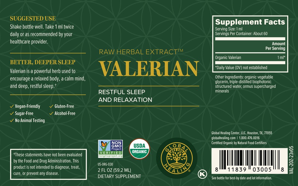 Global Healing Valerian Root Organic Herbal Extract, Sleep Support, 2 Fl oz