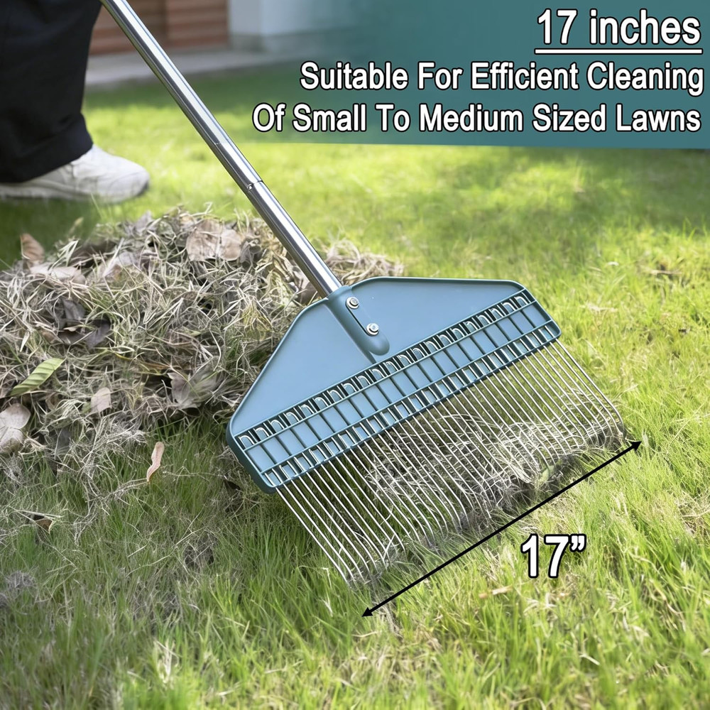 Thatch Rake with 66 Inch Adjustable Handle, 17 Inch Wide Durable Dethatcher Rake
