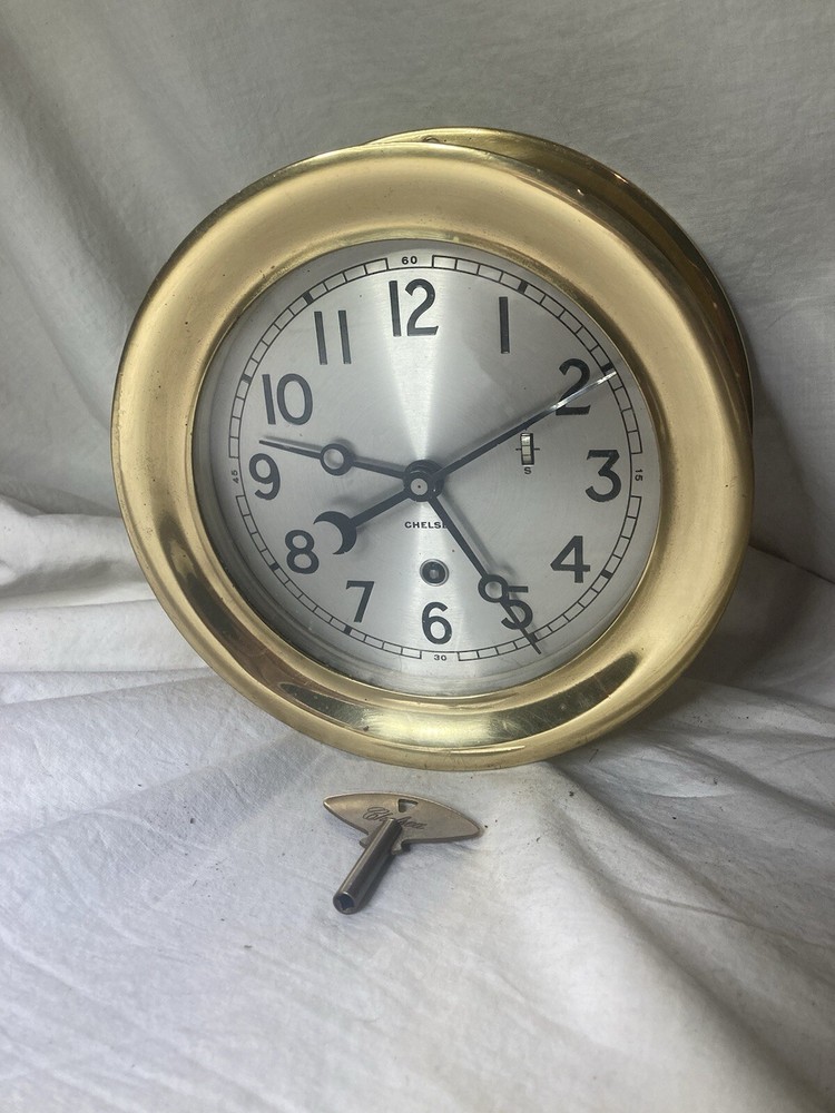 Chelsea 6” Time Only Clock In Brass Case, With Key, Nice Shape!