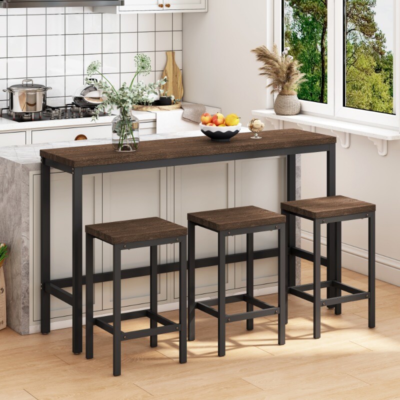 Brown Modern Kitchen Dining Table Pub Table Long Dining Table Set with 3 Stools