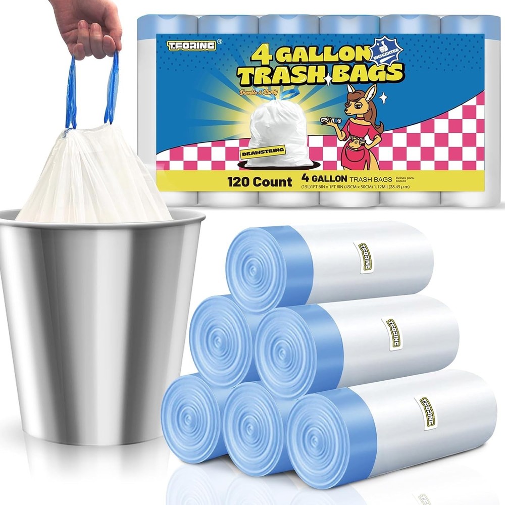 Strong & Leak-Proof 4 Gallon Drawstring Trash Bags - 120 Pack for Every Room