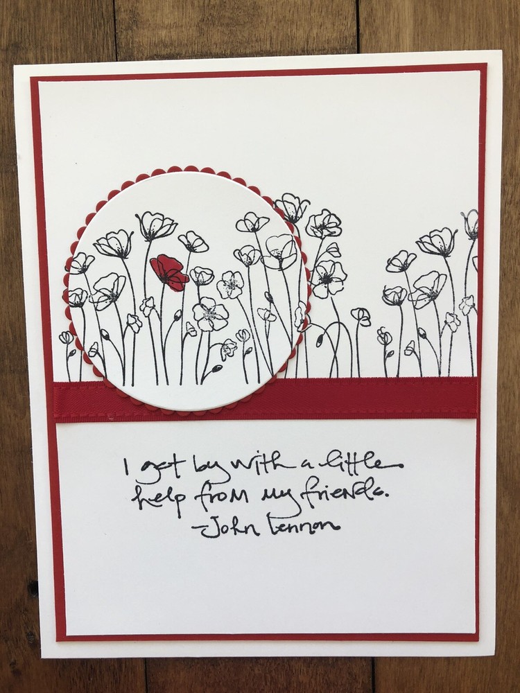 Handmade Note Card, Red Flower, Red Ribbon