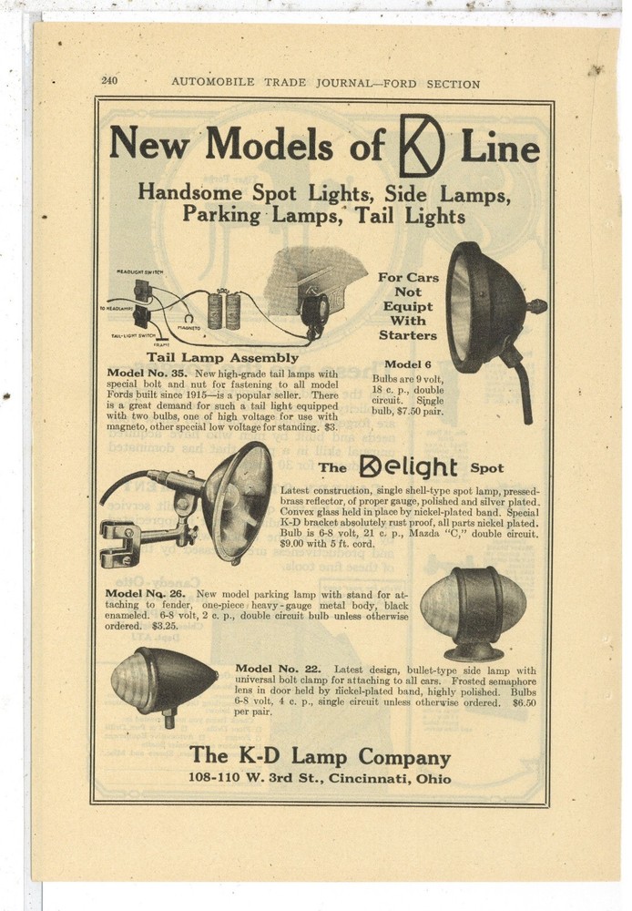 1921 K-D Lamp Co. of Cincinnati Ad: Spot, Tail, other Auto Lamps & Assemblies