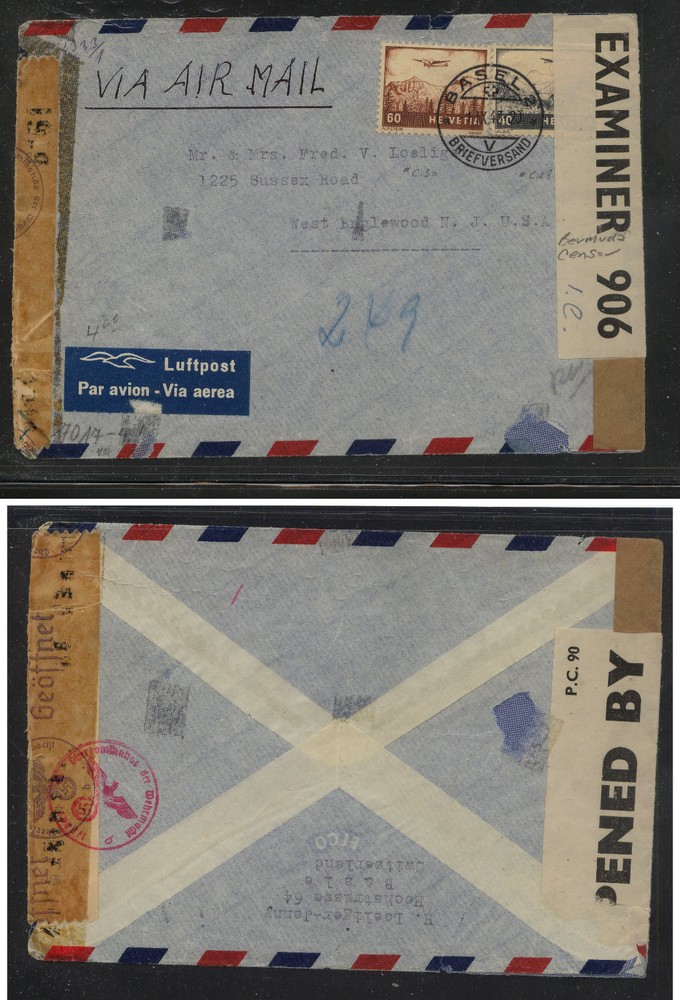Switzerland  double  censor cover  to US         MS0727