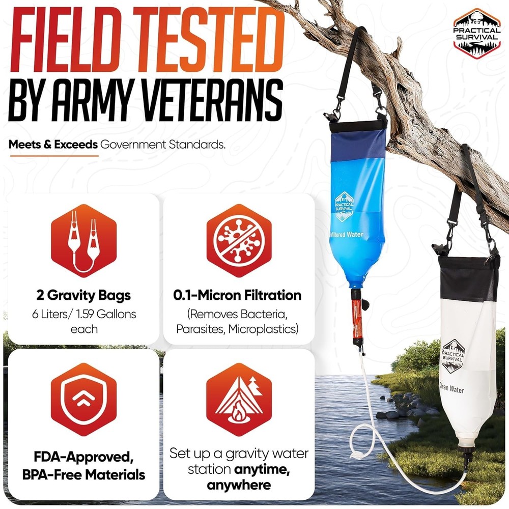 High Capacity Gravity Water Filter System with 2 Lightweight Hanging Bags - 6...