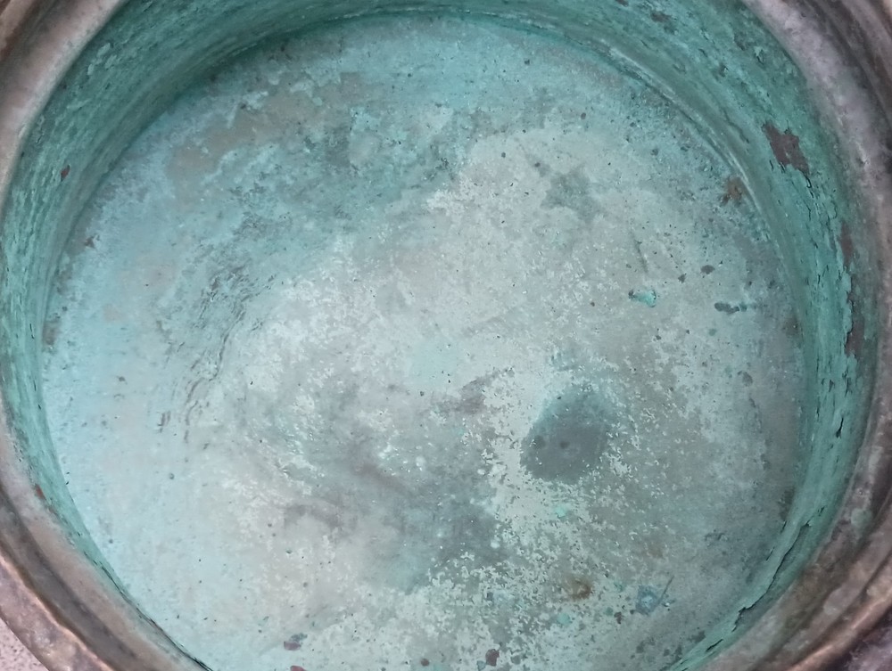 12" Antique Copper Cauldron wrought iron brackets & handle