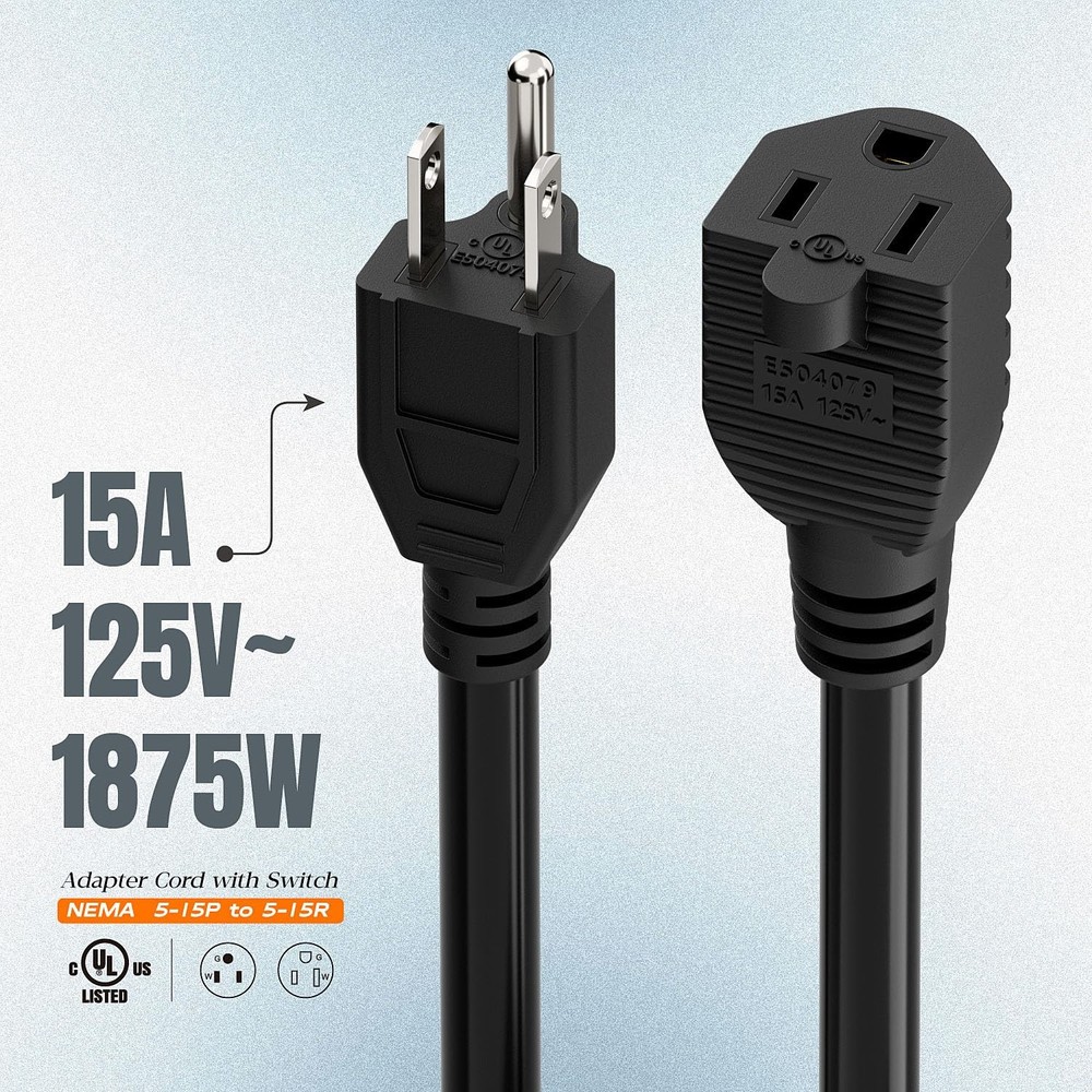 Inline On/Off Switch Extension Cord, Plugrand 3-Prong Household Black Color