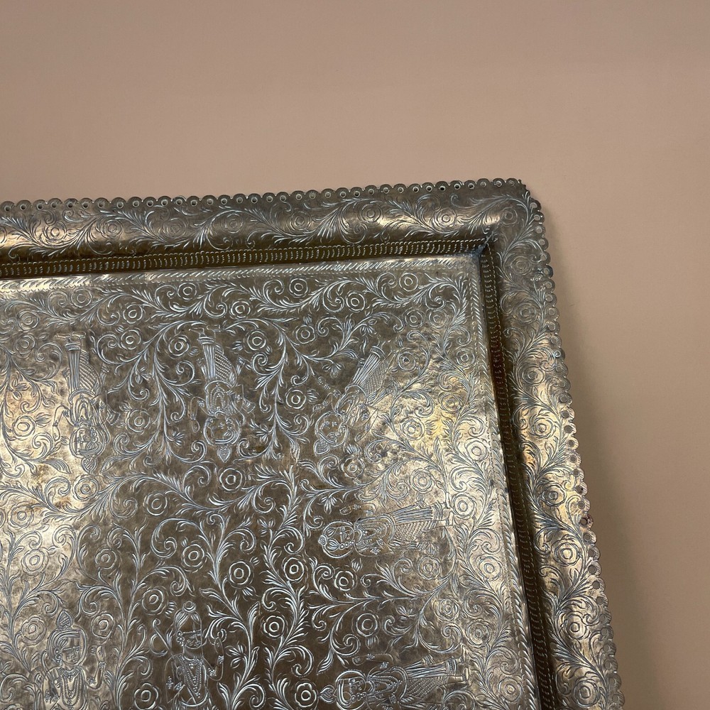 Antique Indian Gold Brass Tray 55cm Large Decorative Square Engraved Patterned