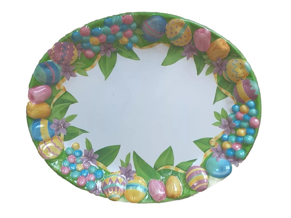 Easter Platter Molded Plastic Oval  18"x15”Easter Eggs Colorful Scuff Marks VTG