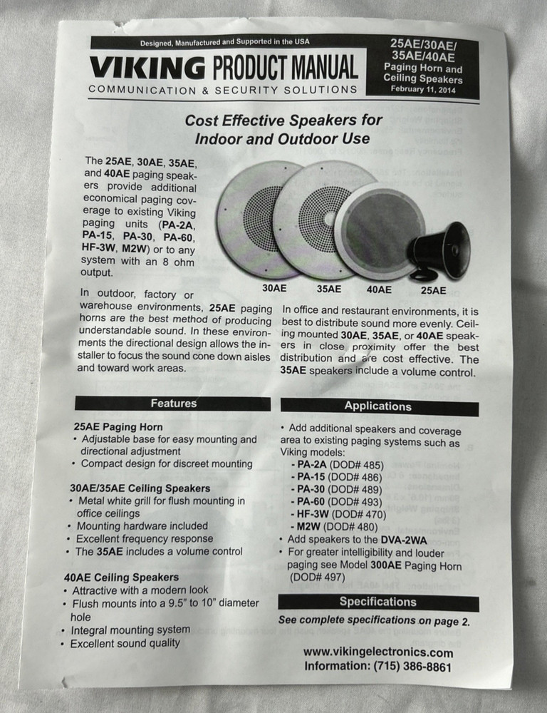 VIKING ELECTRONICS Directional Paging Horn Model 25AE Weather Resistant