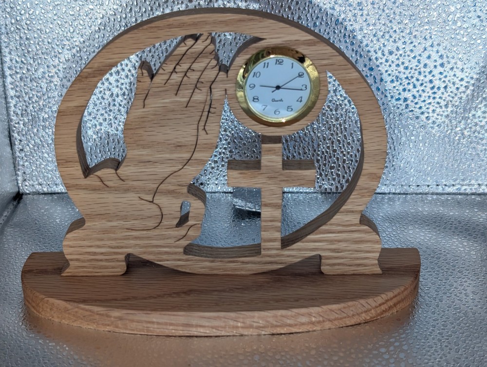handmade scrollsawn wooden Praying Hands Clock