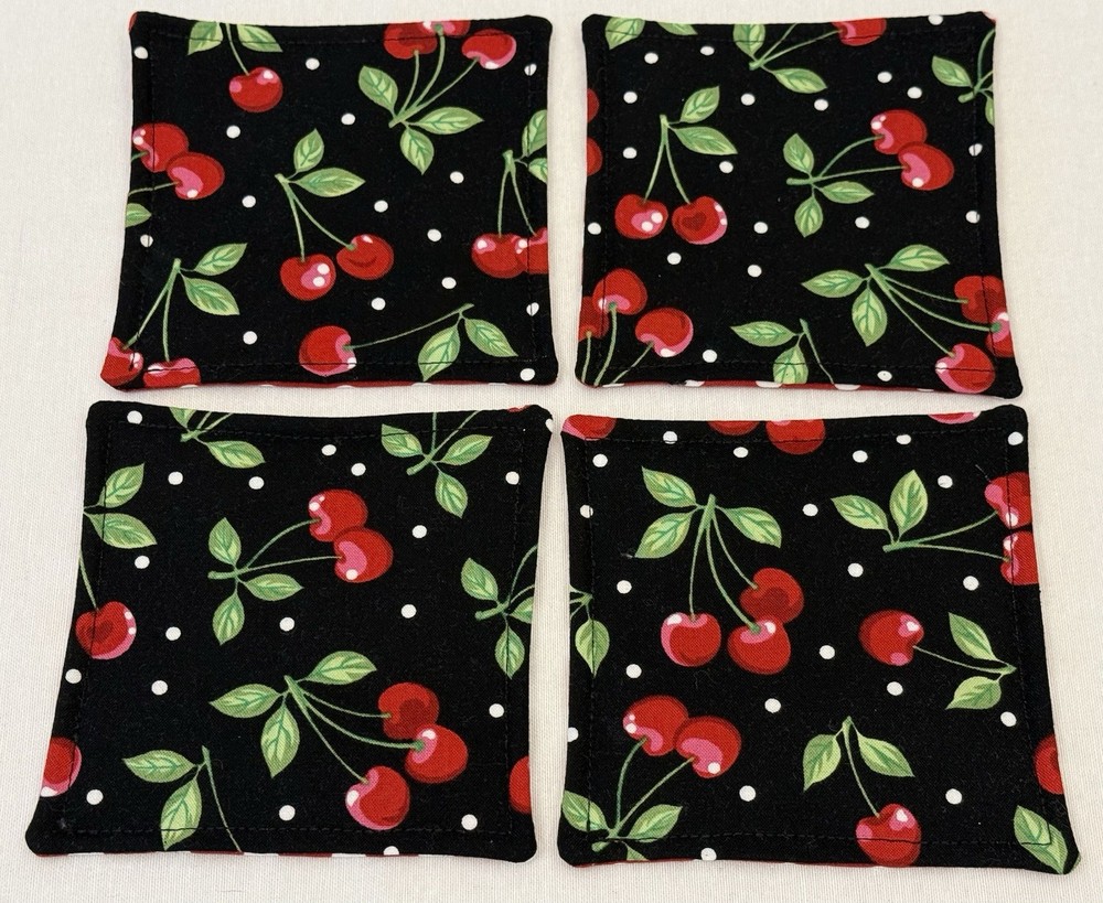 Fruit Cherry Polka Dot Drink Coasters Reversible Spring Summer Red Black Set 4