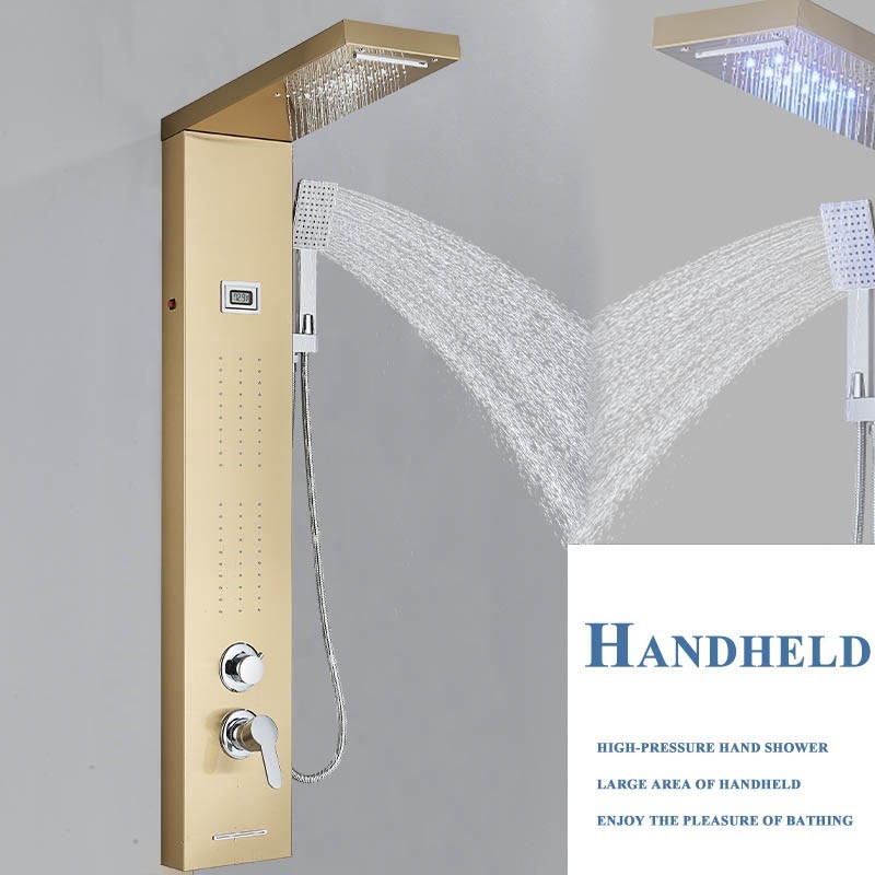 Brushed Gold LED Shower Panel Tower System Rain Waterfall Head Massage Jet Mixer