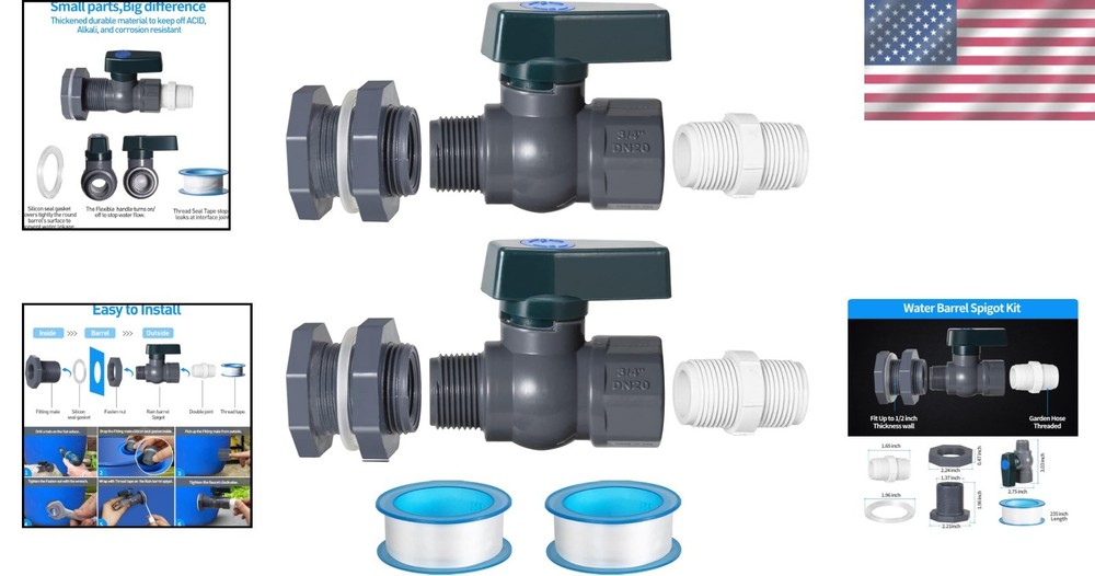 2-Pack PVC Rain Barrel Spigot Kit with Bulkhead Fitting - Easy Install & Durable