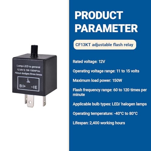 CF13 LED Electronic Flasher Relay, 12V 3 Pin 0.02A-20A Adjustable Black