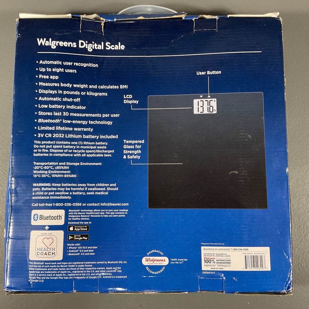 Walgreens Digital Scale Bluetooth Measures Bodyweight & Calculates BMI Black