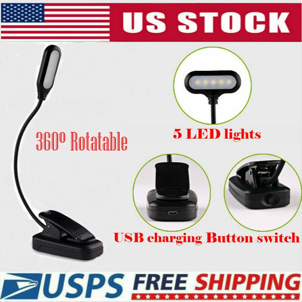 USB Rechargeable Book Light Clip On Reading Light in Bed With Flexible Stand