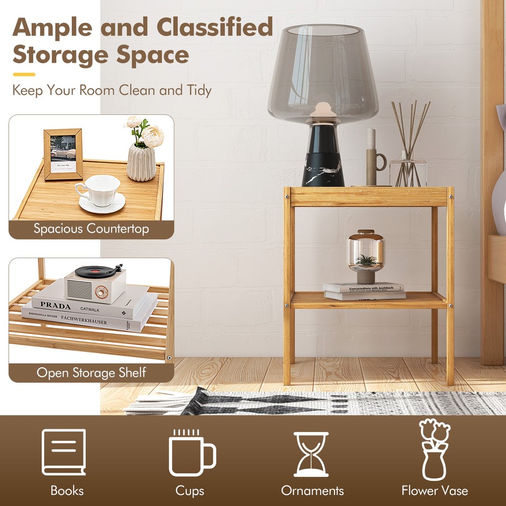 2 PCS 2-Tier Bamboo Nightstand Side Table Small Accent Table End Table Natural
