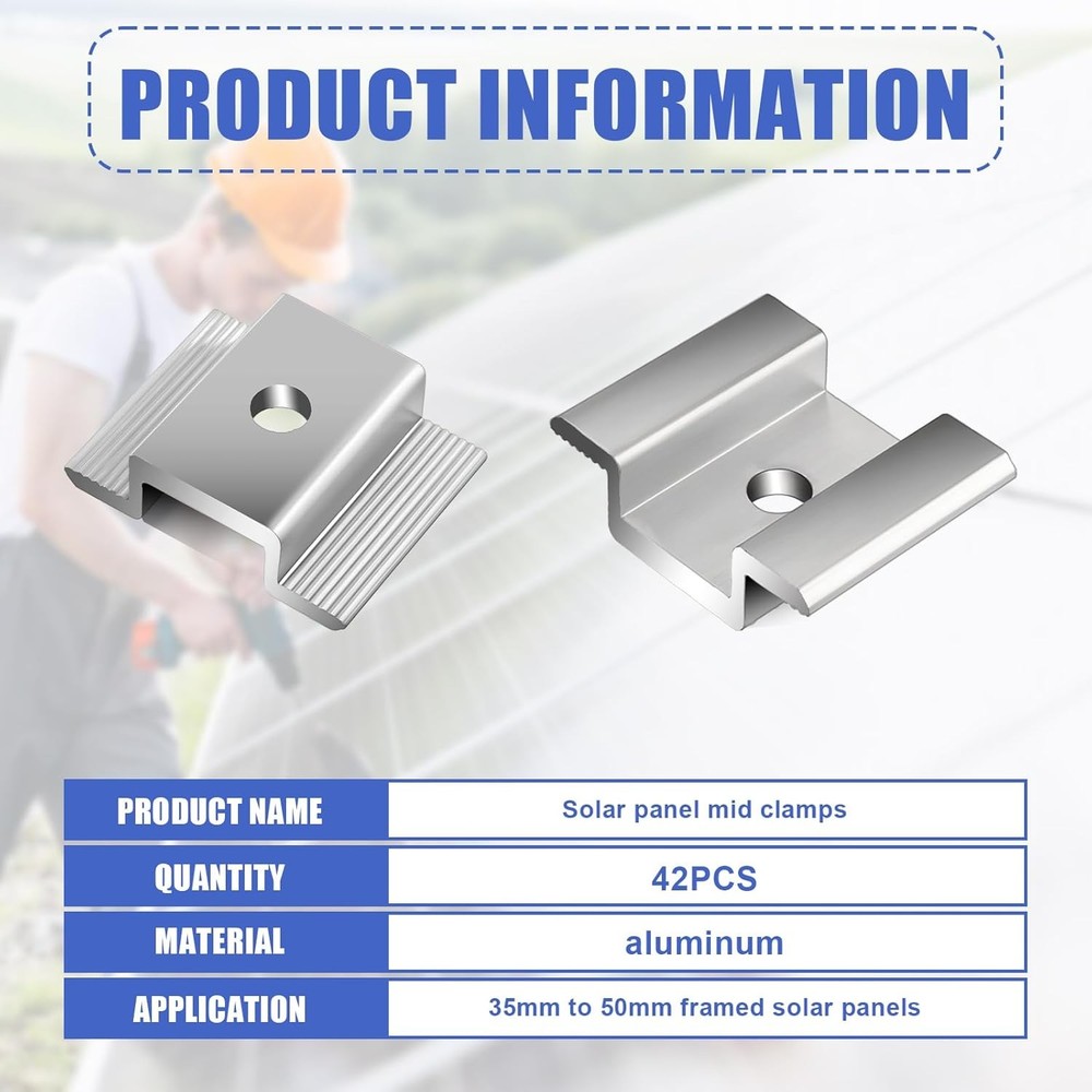 42 Pack Solar Panel Mid Clamps, Clamps Bulk, Silver