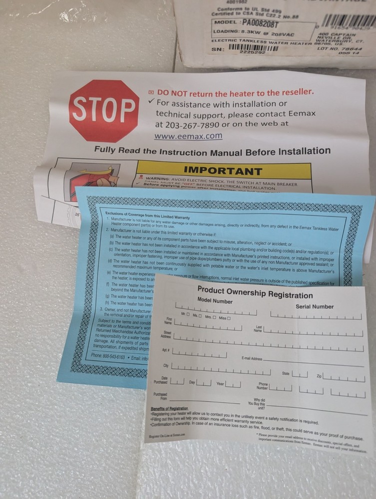 Eemax Pro-Advantage PA008208T Electric Tankless Water Heater 208V 8.3KW