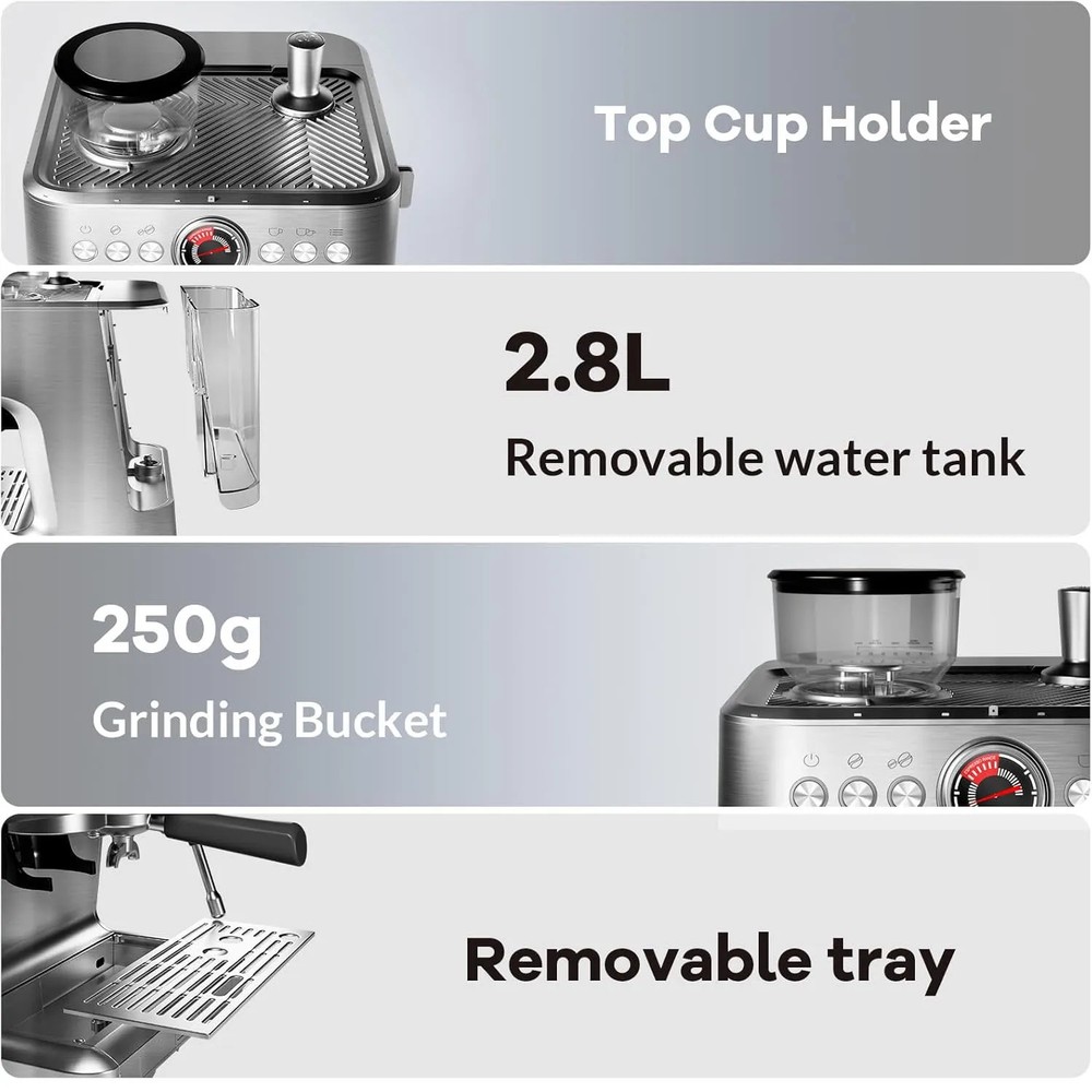 Espresso Machine with Grinder 20 Bar Semi-Automatic Coffee Maker PID Control