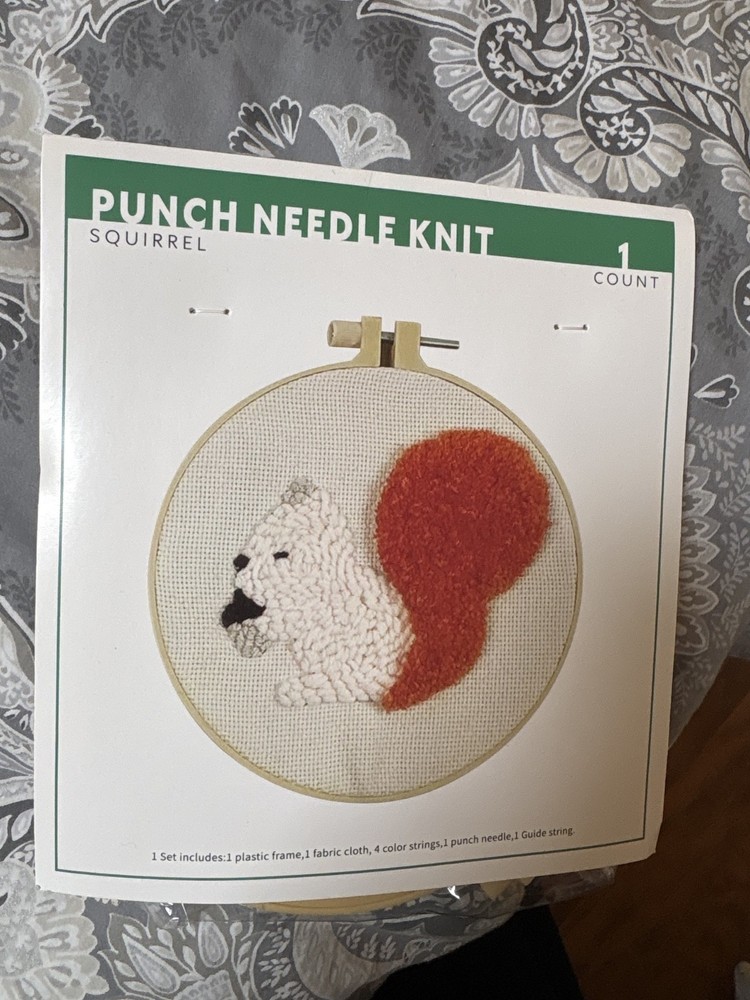 Punch Needle Knit Squirrel Kit with Frame, Fabric, Strings & Guide- New