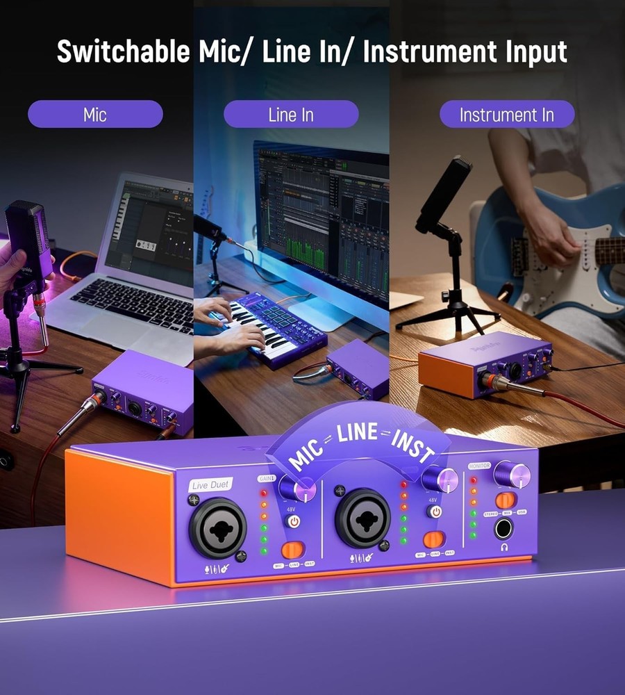 Synido Live Duet USB C Audio Interface for Recording Music, Streaming