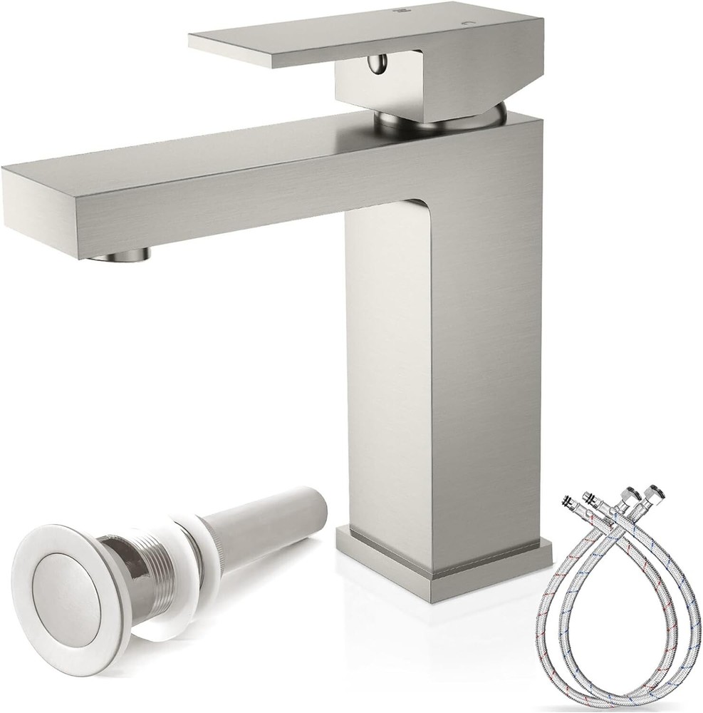 SeanPeak Bathroom Faucet, Solid Brass, 1-Handle, Brushed Nickel, Metal Drain