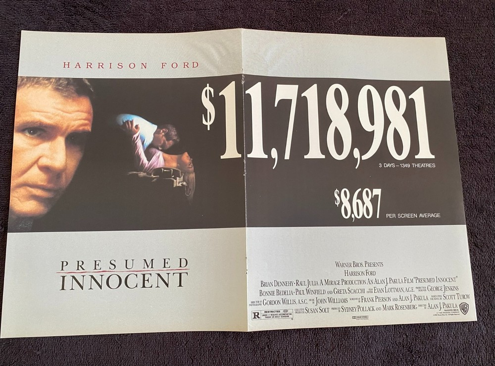 PRESUMED INNOCENT 1990 box office ad with Harrison Ford, Greta Scacchi