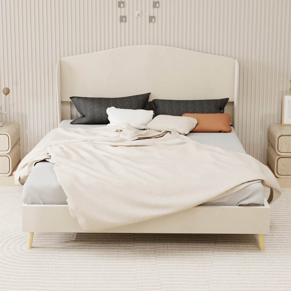 Platform Queen Bed Frame with Velvet Tufted Headboard, Supportive, Beige