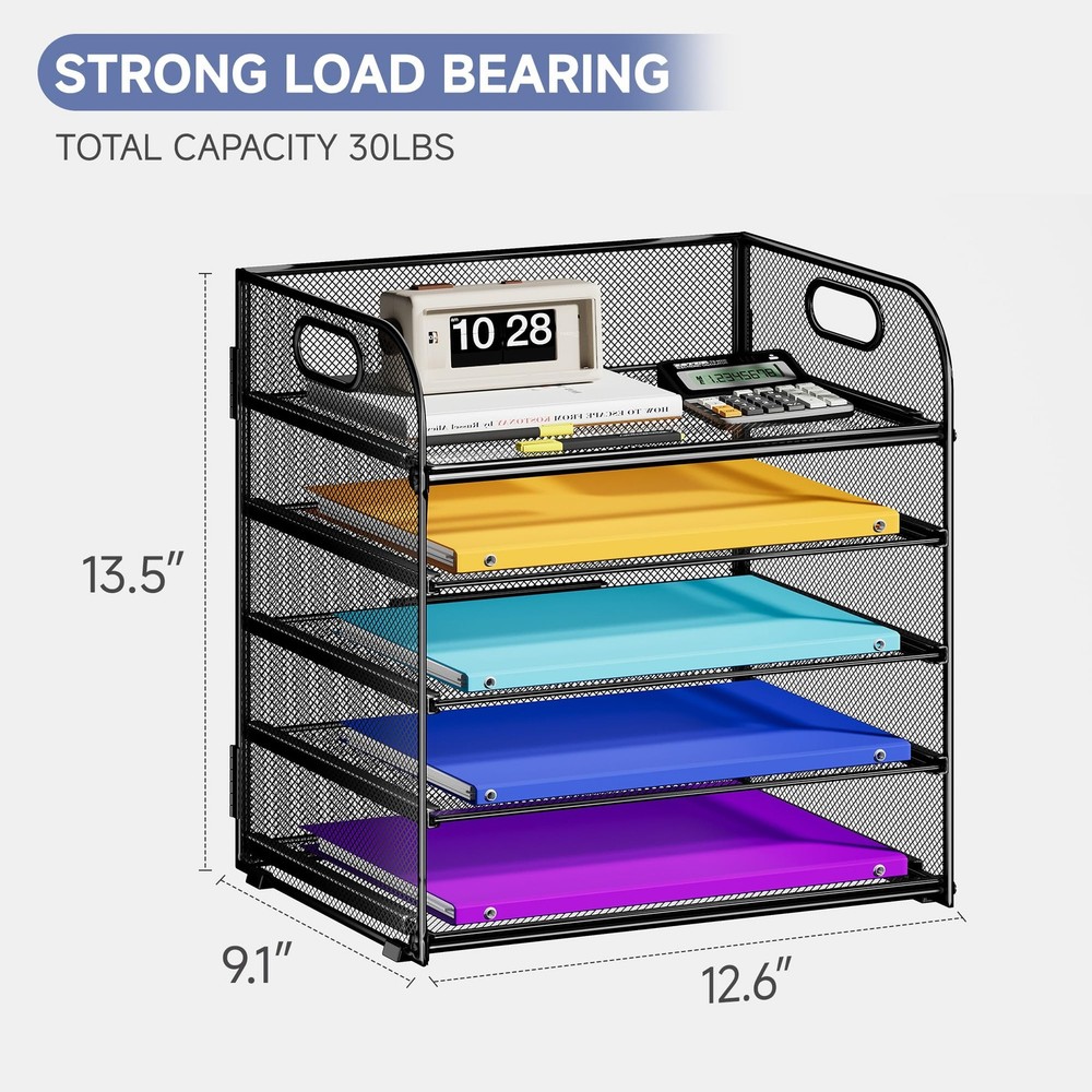 5 Tier Metal Mesh Paper Organizer with Handle Black Desktop Document Sorter