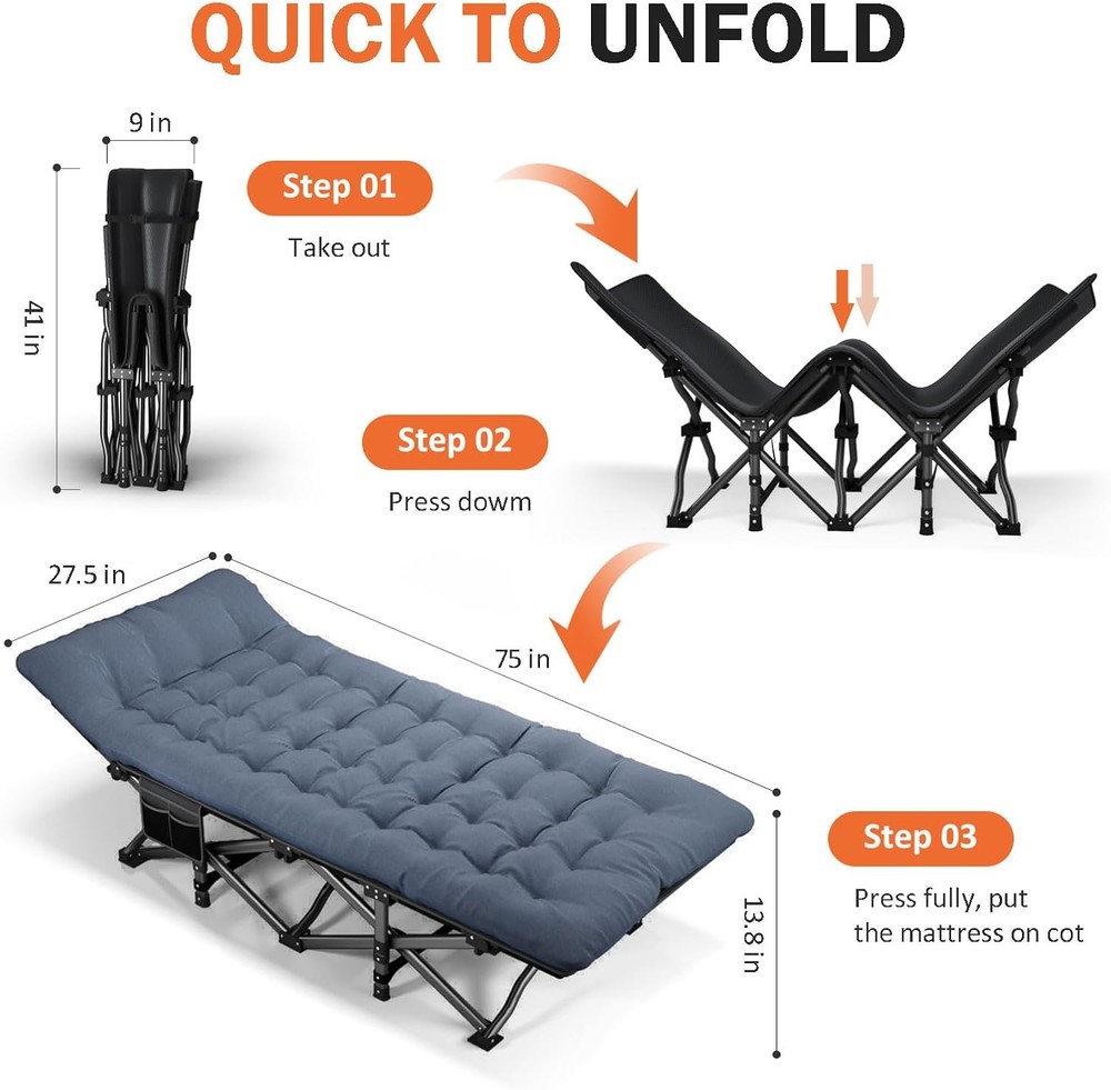 Camping Cot Folding Bed for Adults Portable Sleeping Cot with Cushion Blue