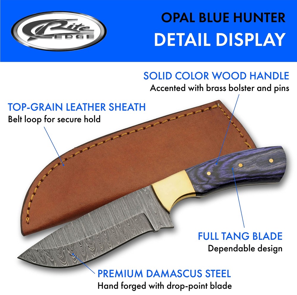 New Damascus Opal Blue Hunter Fixed Blade Knife DM-1312