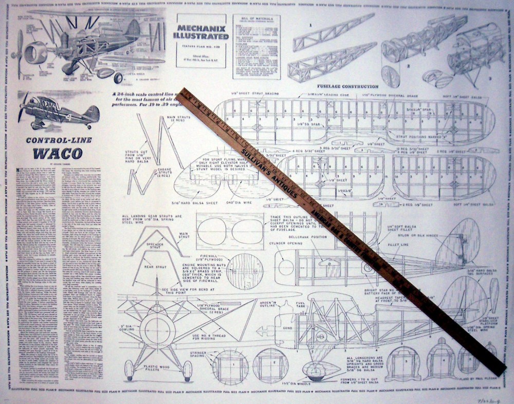 WACO Y-3 PLAN & Mechanix Illustrated CONSTRUCTION ARTICLE 24" UC Model Airplane