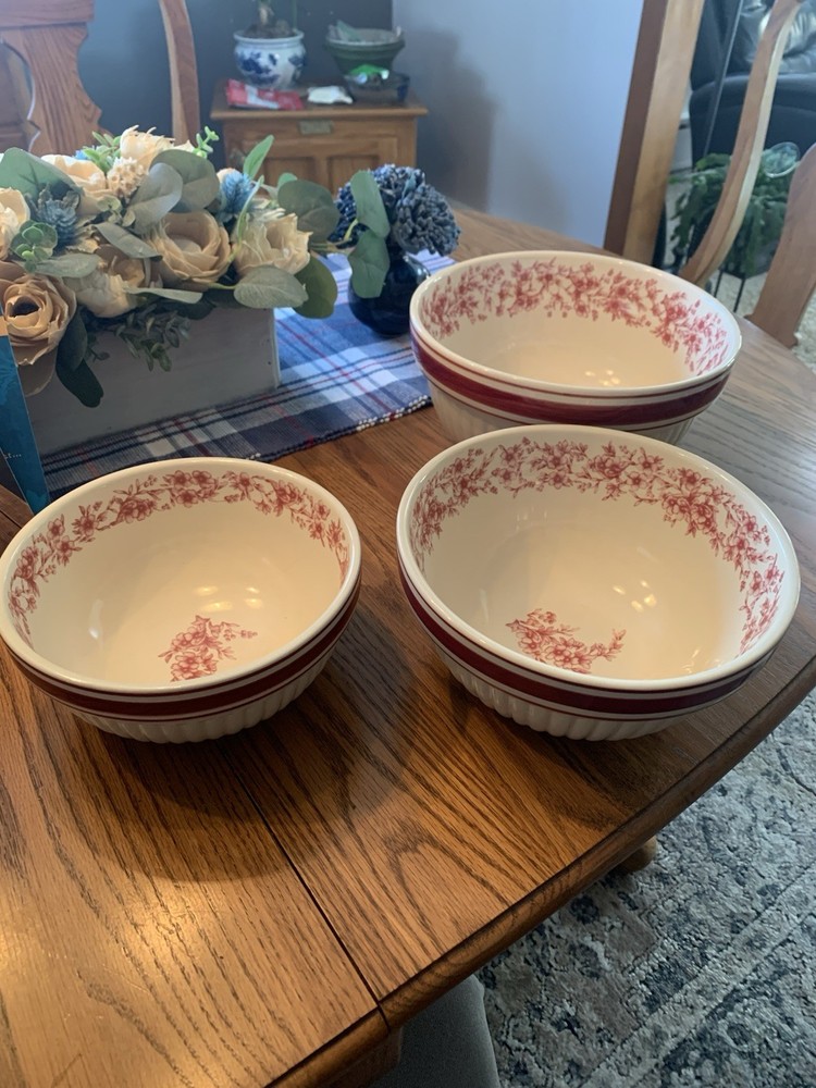 Cracker Barrel Vintage Pink Transfer Ware Nesting Bowls Small Mixing Set of 3