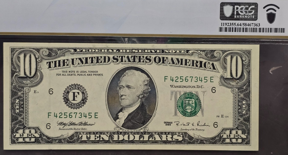 1995 $10 ERROR; OFFSET PRINTING; PCGS CH UNC 64!