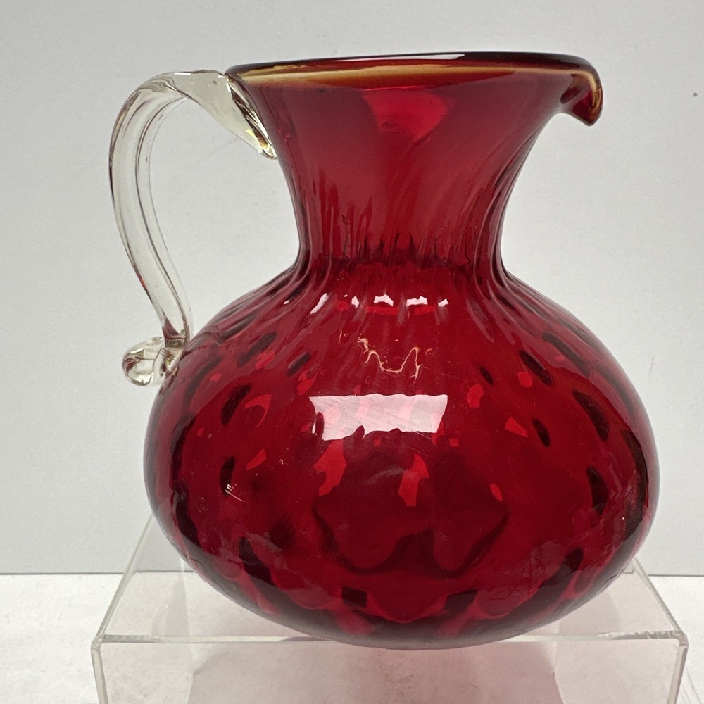 Pilgrim Glass Ruby Red Quilted Optic Pitcher Handle Rim Glows Hand Blown 5”