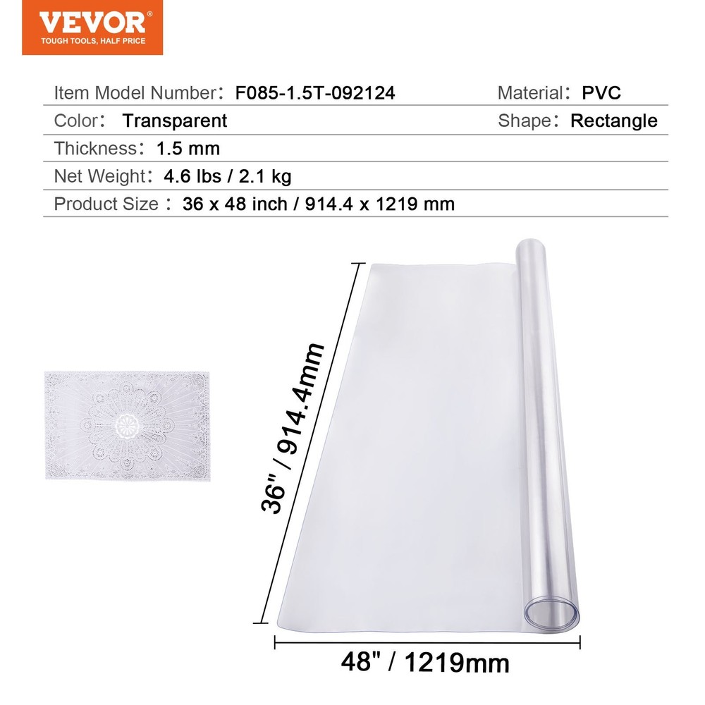 Plastic Table Cover 36 x 48 Inch 1.5 mm Thick Clear Table Protector Rectan