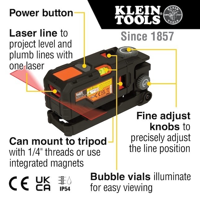 KLEIN TOOLS - RED POCKET LASER LEVEL - TRIPOD MOUNTABLE - COMPACT PORTABLE