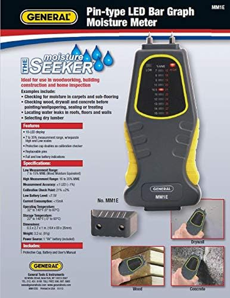 MM1E Moisture Meter, Pin Type, LED Bar Graph