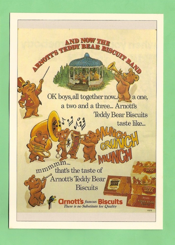 #D512. ARNOTTS FAMOUS BISCUITS, UNSENT POSTCARD - TEDDY BEAR BISCUIT BAND