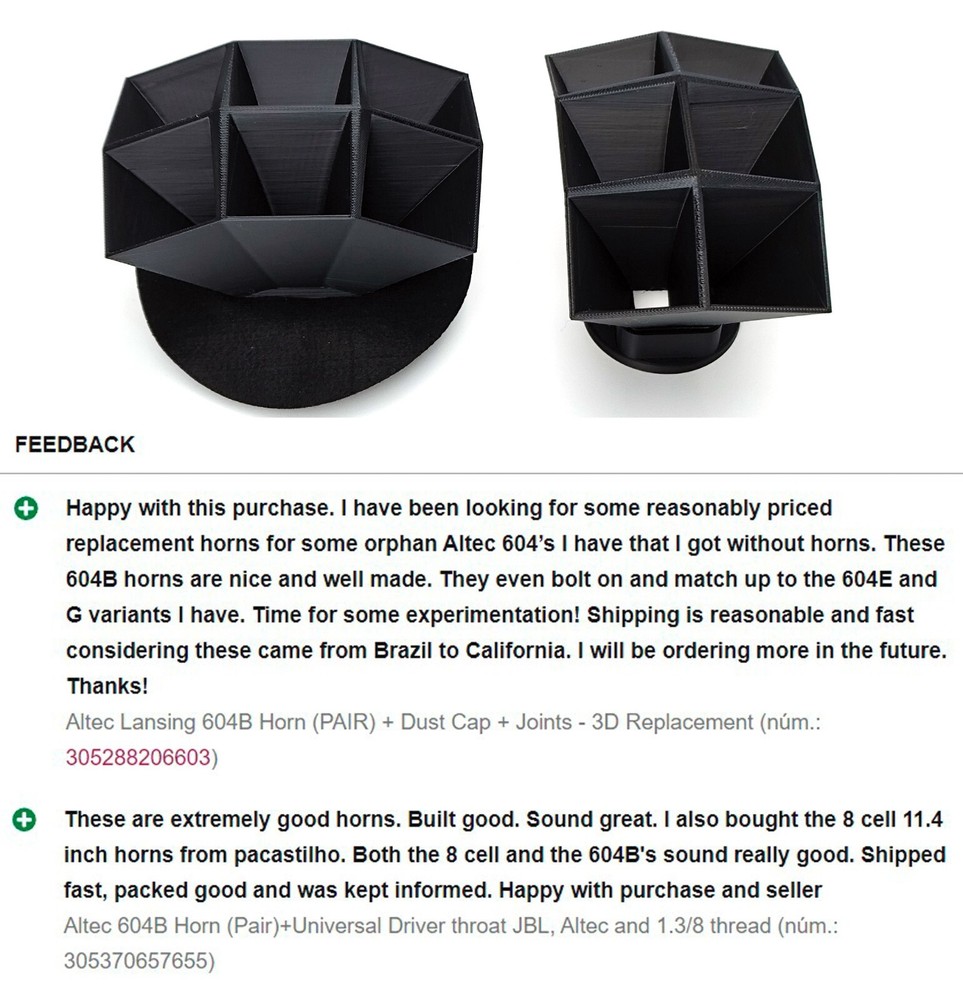 Altec Lansing 604B Horn (PAIR) + Dust Cap + Joints - 3D Replacement