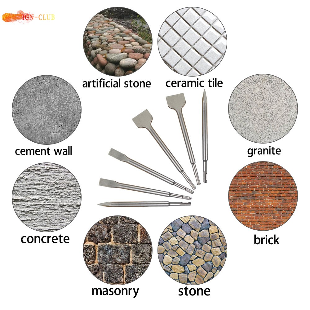 6-Pack High Quality Concrete Drill Bit Set Includes Point Chisel And Flat Chisel